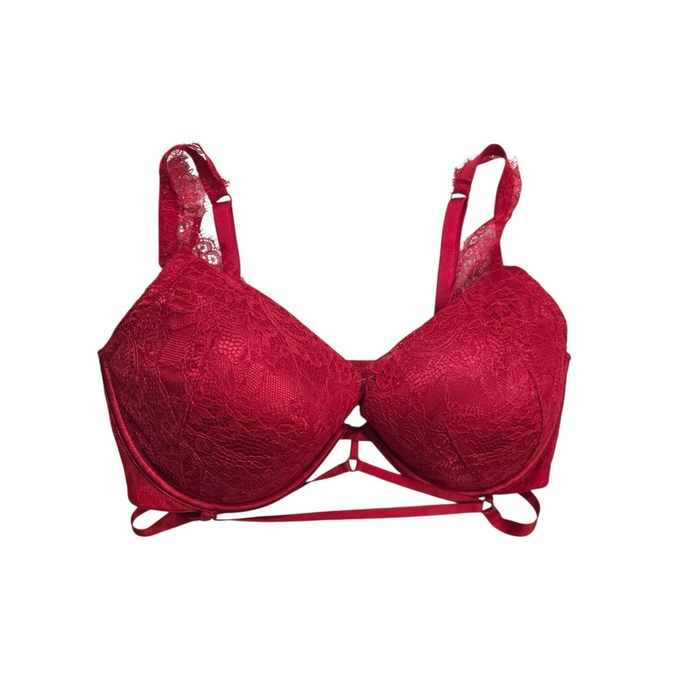 Victoria's Secret Bra 38DDD Red Lace Strappy Cage Push Up Padded Plunge...